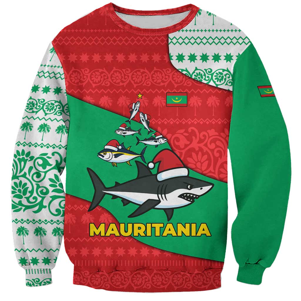 Mauritania Christmas Sweatshirt with Santa Sharks Festive Fish Pattern and Red Green Holiday Design - Wonder Print Shop