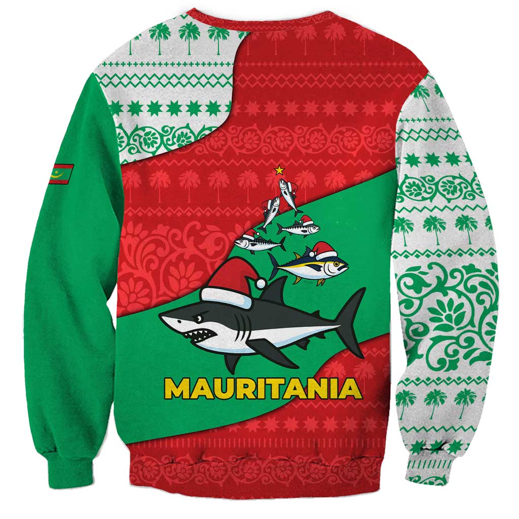 Mauritania Christmas Sweatshirt with Santa Sharks Festive Fish Pattern and Red Green Holiday Design - Wonder Print Shop