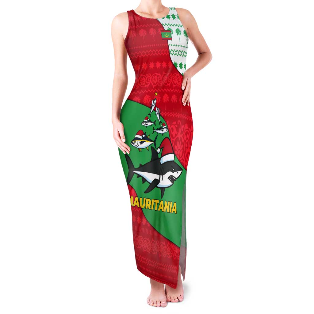 Mauritania Christmas Tank Maxi Dress with Santa Sharks Festive Fish Pattern and Red Green Holiday Design - Wonder Print Shop