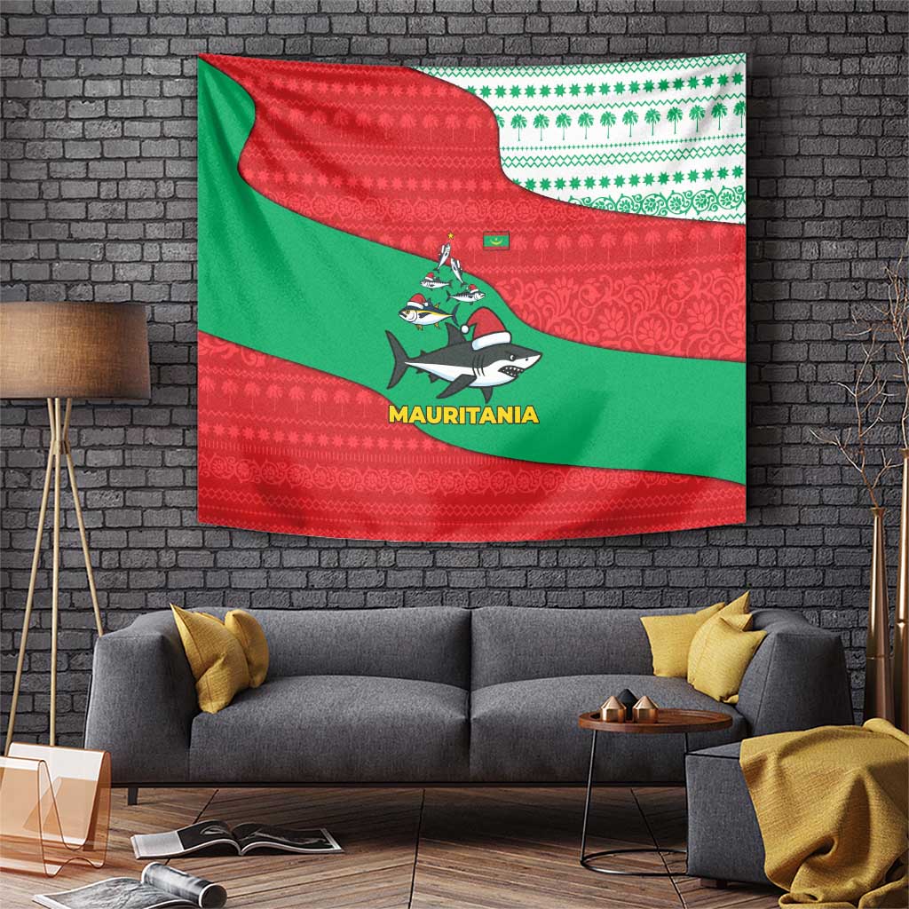 Mauritania Christmas Tapestry with Santa Sharks Festive Fish Pattern and Red Green Holiday Design - Wonder Print Shop