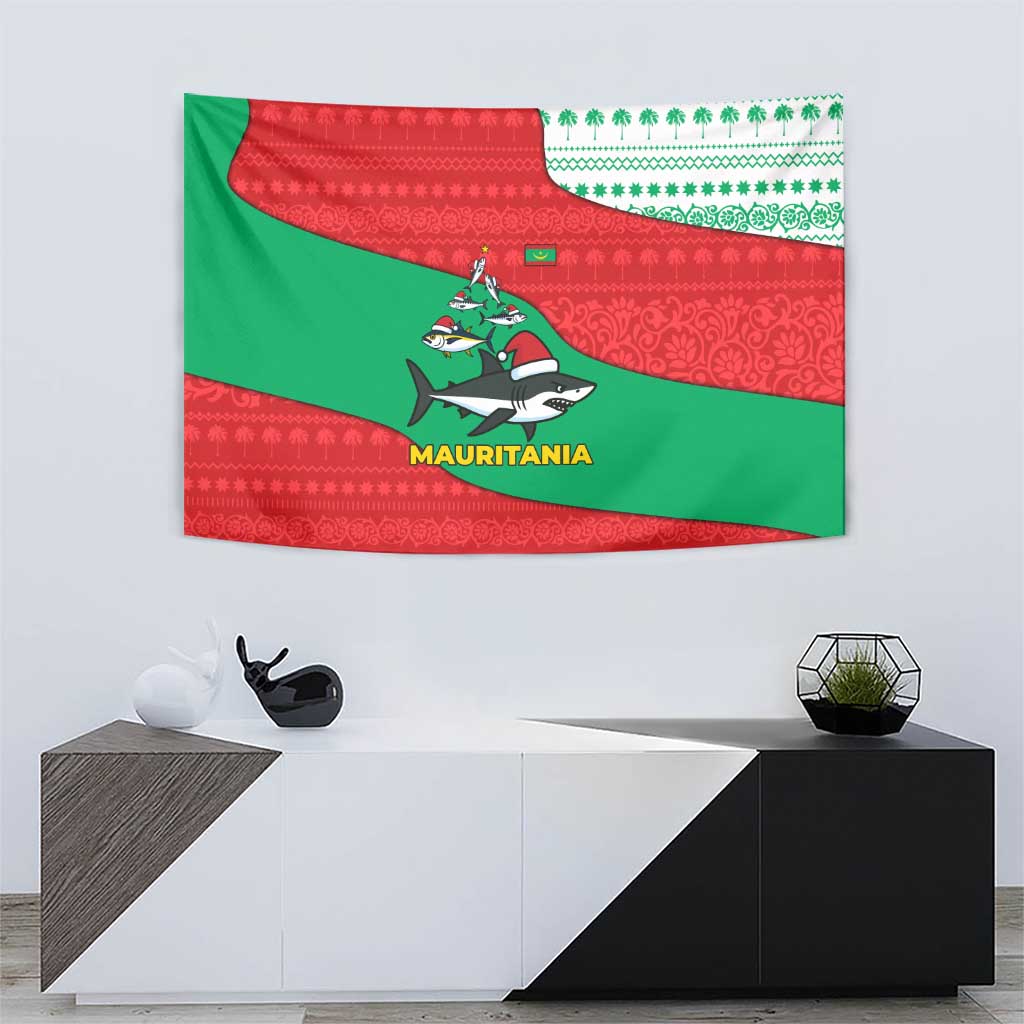 Mauritania Christmas Tapestry with Santa Sharks Festive Fish Pattern and Red Green Holiday Design - Wonder Print Shop