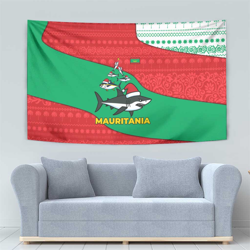 Mauritania Christmas Tapestry with Santa Sharks Festive Fish Pattern and Red Green Holiday Design - Wonder Print Shop
