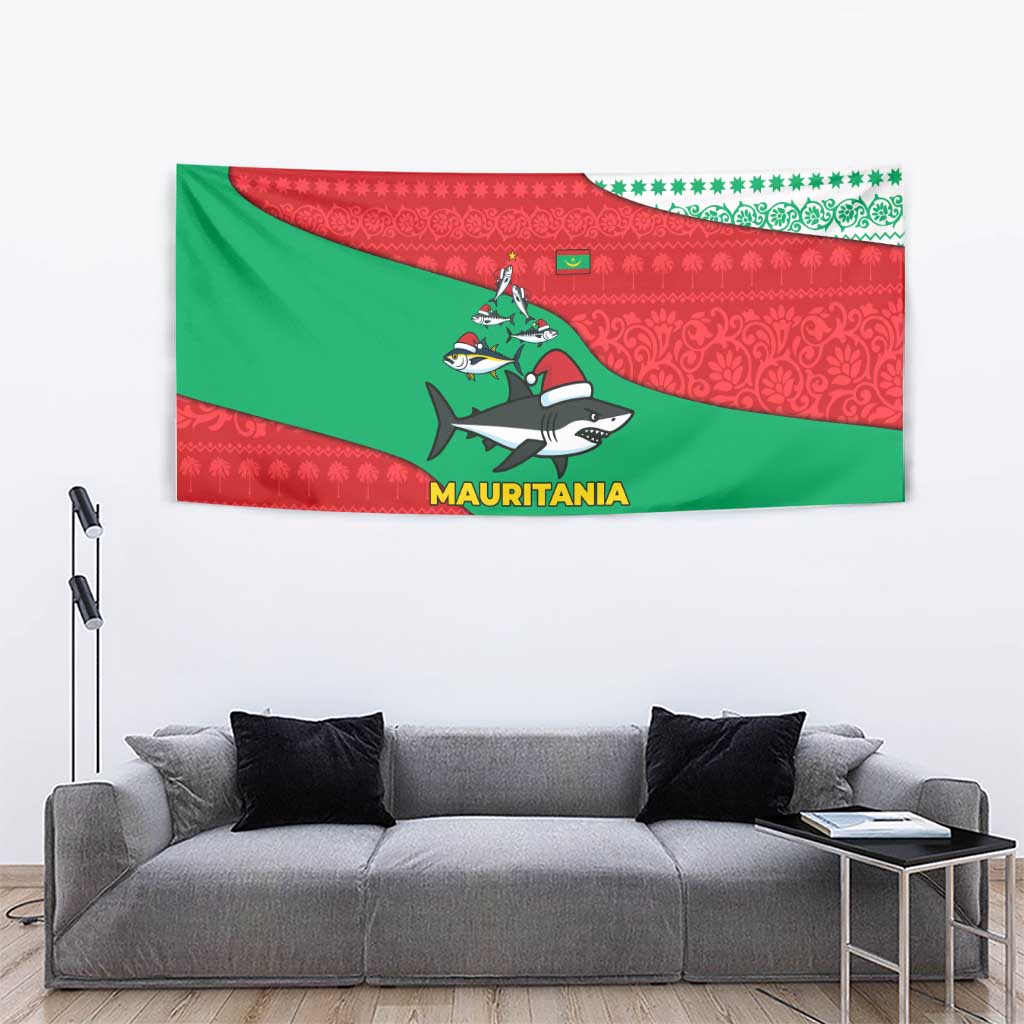 Mauritania Christmas Tapestry with Santa Sharks Festive Fish Pattern and Red Green Holiday Design - Wonder Print Shop