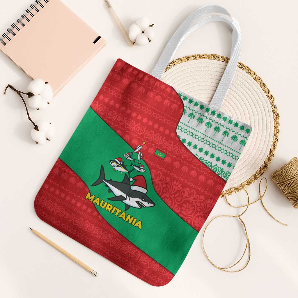 Mauritania Christmas Tote Bag with Santa Sharks Festive Fish Pattern and Red Green Holiday Design - Wonder Print Shop