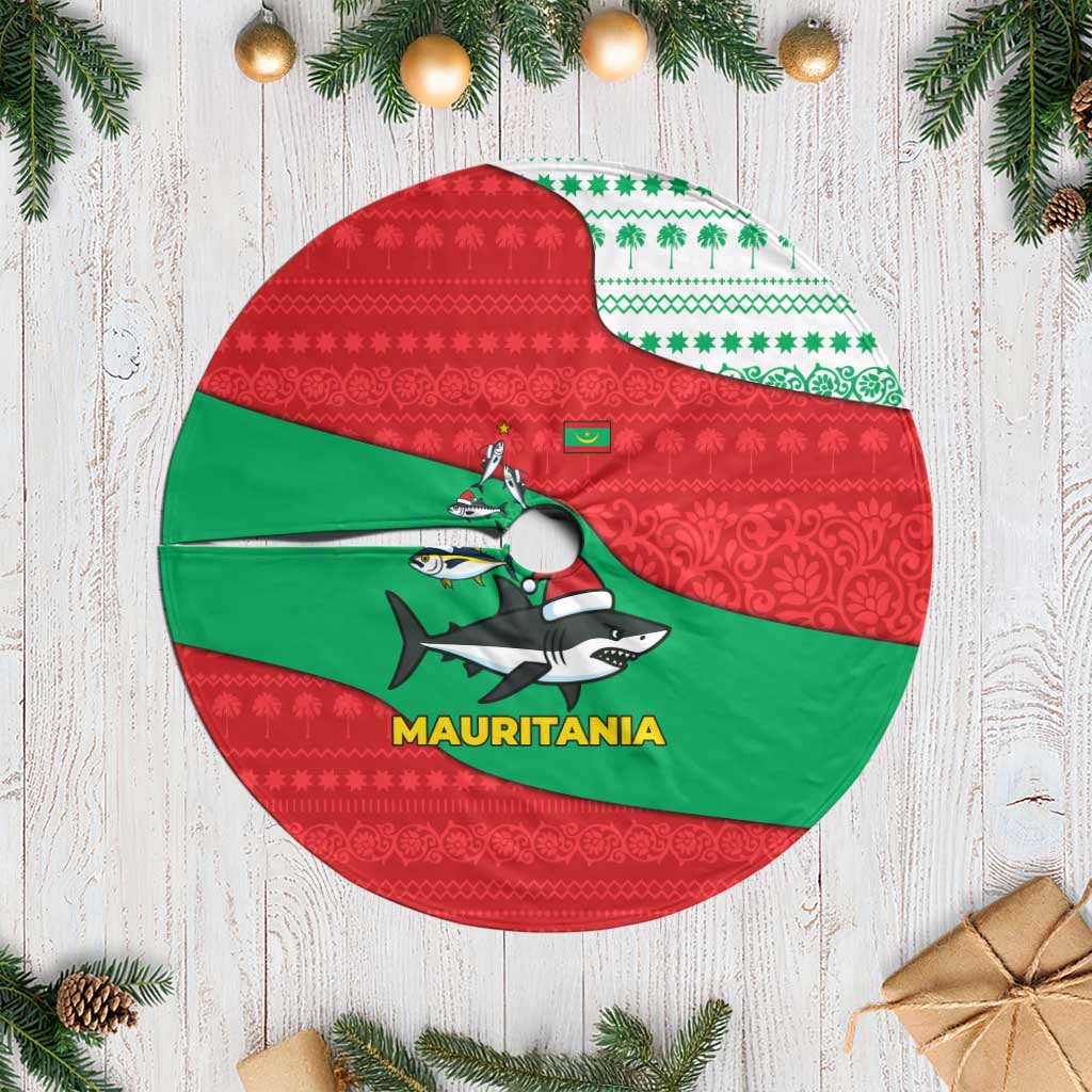 Mauritania Christmas Tree Skirt with Santa Sharks Festive Fish Pattern and Red Green Holiday Design - Wonder Print Shop