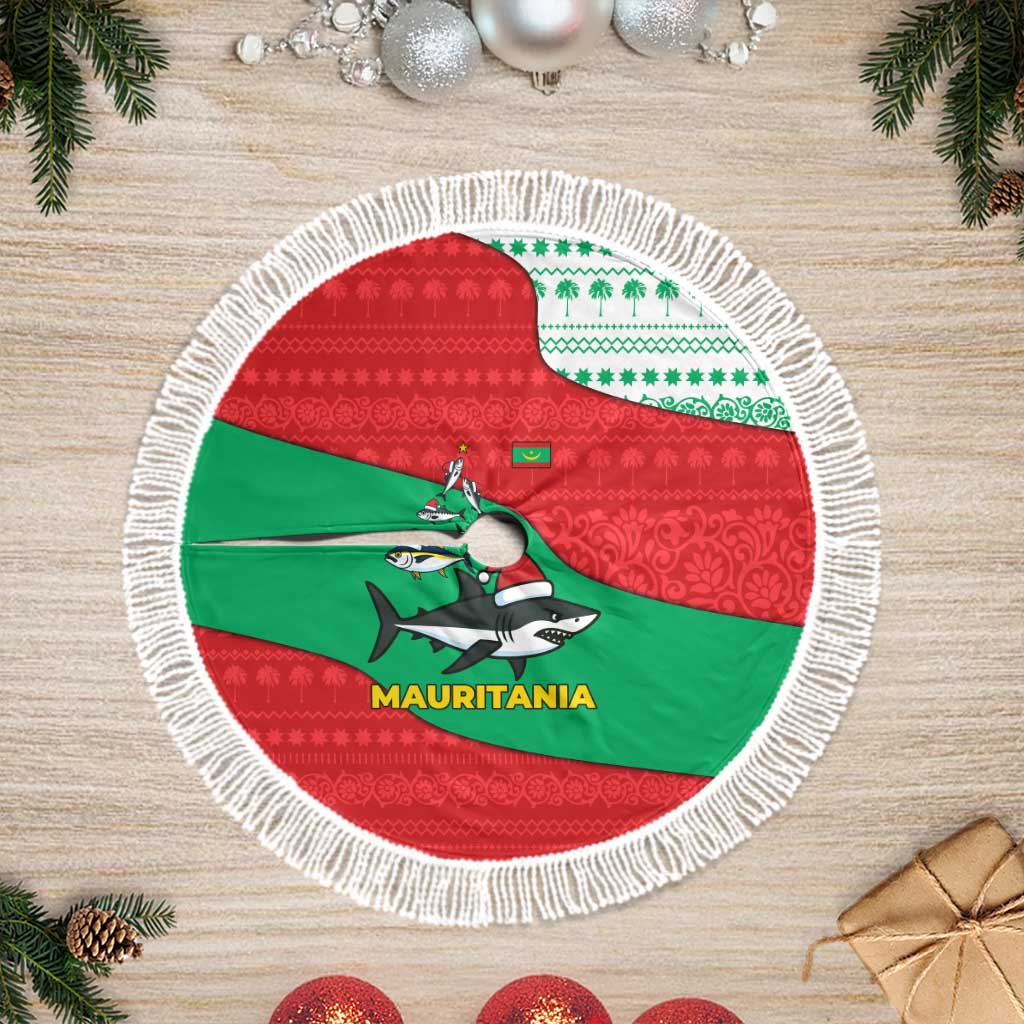 Mauritania Christmas Tree Skirt with Santa Sharks Festive Fish Pattern and Red Green Holiday Design - Wonder Print Shop
