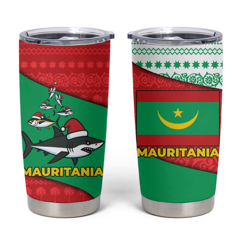 Mauritania Christmas Tumbler Cup with Santa Sharks Festive Fish Pattern and Red Green Holiday Design - Wonder Print Shop