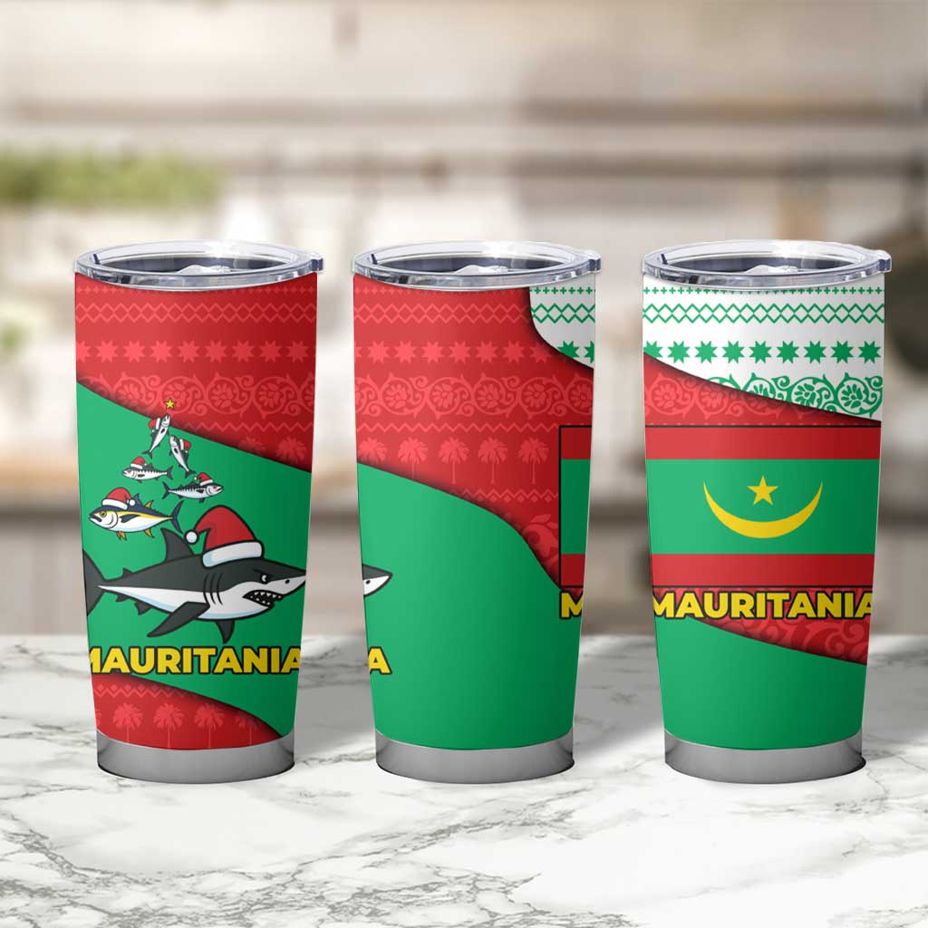Mauritania Christmas Tumbler Cup with Santa Sharks Festive Fish Pattern and Red Green Holiday Design - Wonder Print Shop