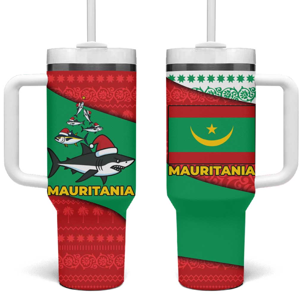 Mauritania Christmas Tumbler With Handle with Santa Sharks Festive Fish Pattern and Red Green Holiday Design - Wonder Print Shop