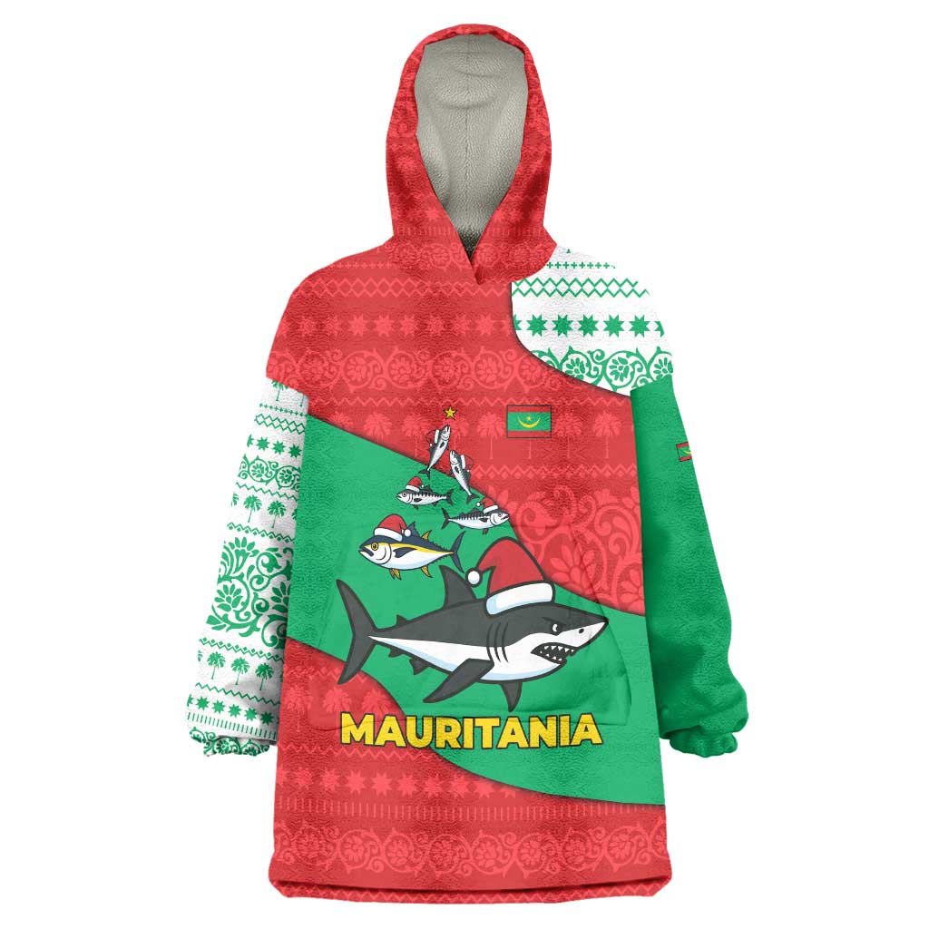 Mauritania Christmas Wearable Blanket Hoodie with Santa Sharks Festive Fish Pattern and Red Green Holiday Design - Wonder Print Shop