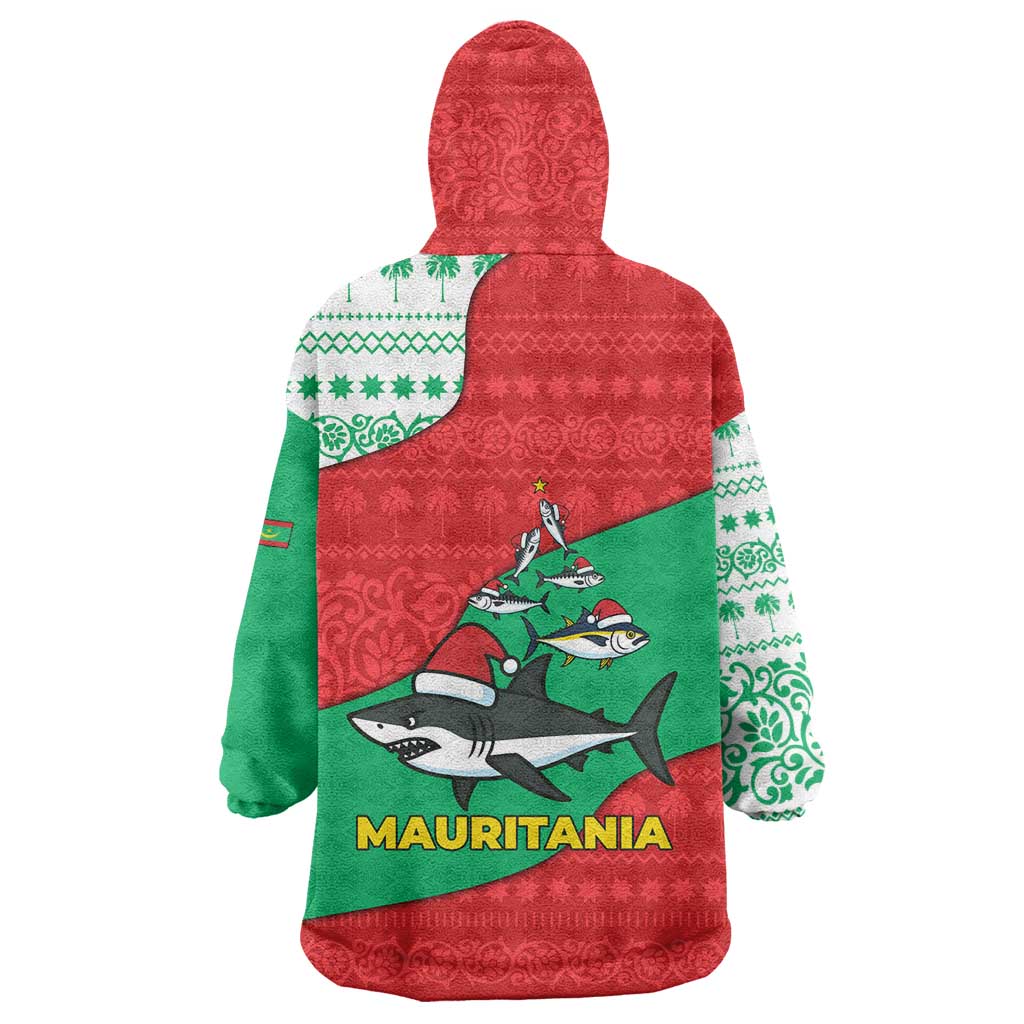 Mauritania Christmas Wearable Blanket Hoodie with Santa Sharks Festive Fish Pattern and Red Green Holiday Design - Wonder Print Shop
