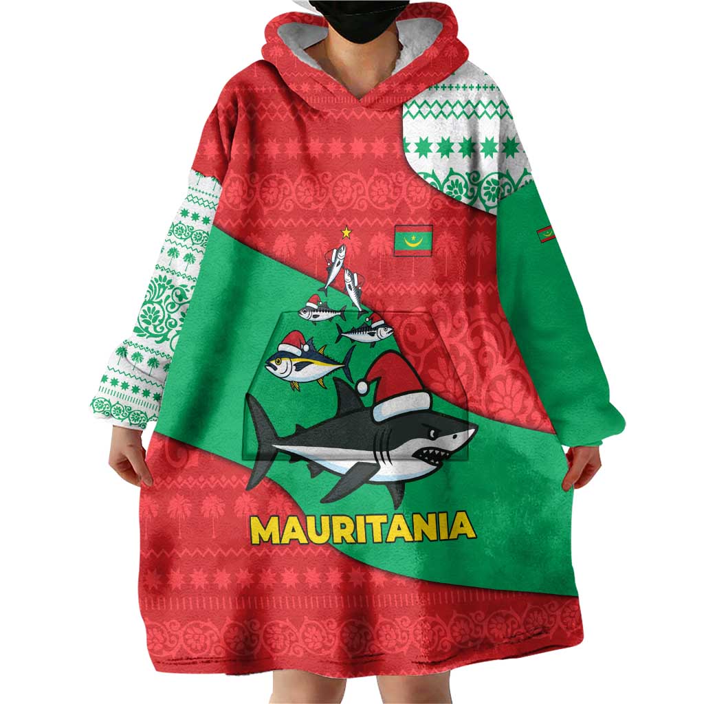 Mauritania Christmas Wearable Blanket Hoodie with Santa Sharks Festive Fish Pattern and Red Green Holiday Design - Wonder Print Shop