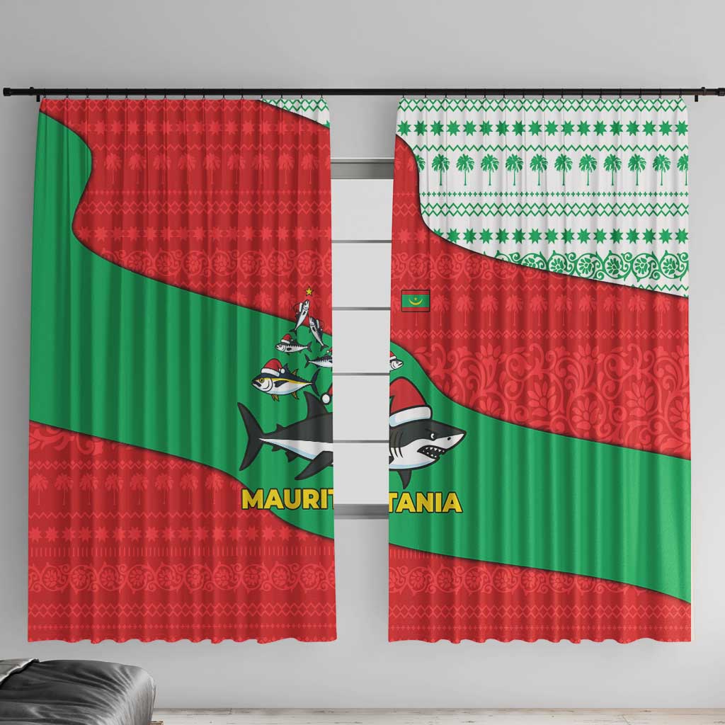 Mauritania Christmas Window Curtain with Santa Sharks Festive Fish Pattern and Red Green Holiday Design - Wonder Print Shop