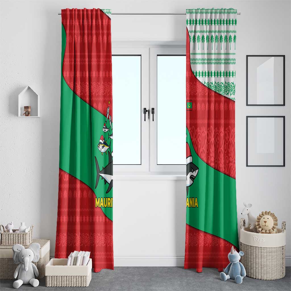 Mauritania Christmas Window Curtain with Santa Sharks Festive Fish Pattern and Red Green Holiday Design - Wonder Print Shop