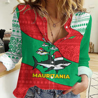 Mauritania Christmas Women Casual Shirt with Santa Sharks Festive Fish Pattern and Red Green Holiday Design - Wonder Print Shop