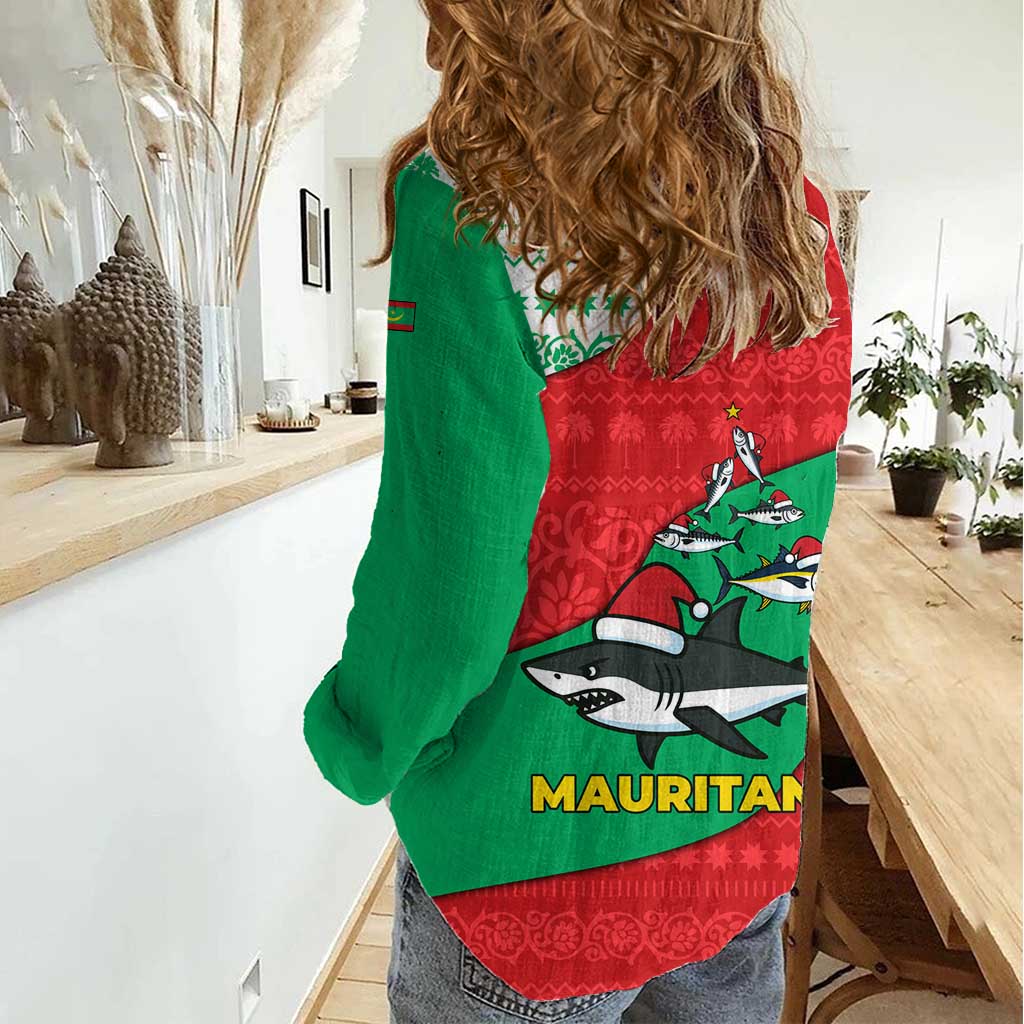Mauritania Christmas Women Casual Shirt with Santa Sharks Festive Fish Pattern and Red Green Holiday Design - Wonder Print Shop