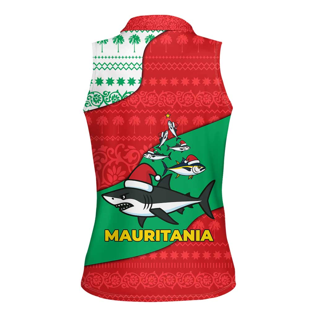 Mauritania Christmas Women Sleeveless Polo Shirt with Santa Sharks Festive Fish Pattern and Red Green Holiday Design - Wonder Print Shop