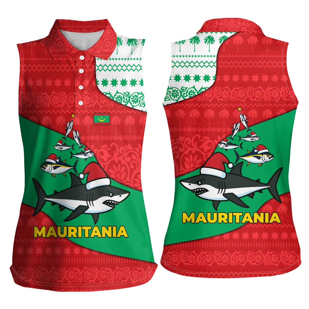 Mauritania Christmas Women Sleeveless Polo Shirt with Santa Sharks Festive Fish Pattern and Red Green Holiday Design - Wonder Print Shop