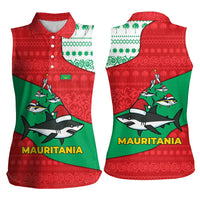 Mauritania Christmas Women Sleeveless Polo Shirt with Santa Sharks Festive Fish Pattern and Red Green Holiday Design - Wonder Print Shop