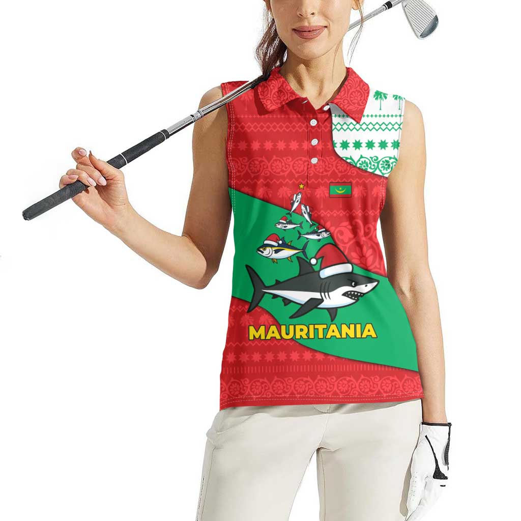 Mauritania Christmas Women Sleeveless Polo Shirt with Santa Sharks Festive Fish Pattern and Red Green Holiday Design - Wonder Print Shop