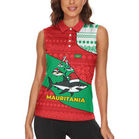 Mauritania Christmas Women Sleeveless Polo Shirt with Santa Sharks Festive Fish Pattern and Red Green Holiday Design - Wonder Print Shop