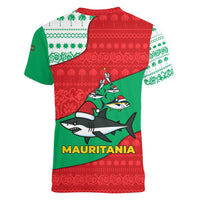 Mauritania Christmas Women V-Neck T-Shirt with Santa Sharks Festive Fish Pattern and Red Green Holiday Design - Wonder Print Shop