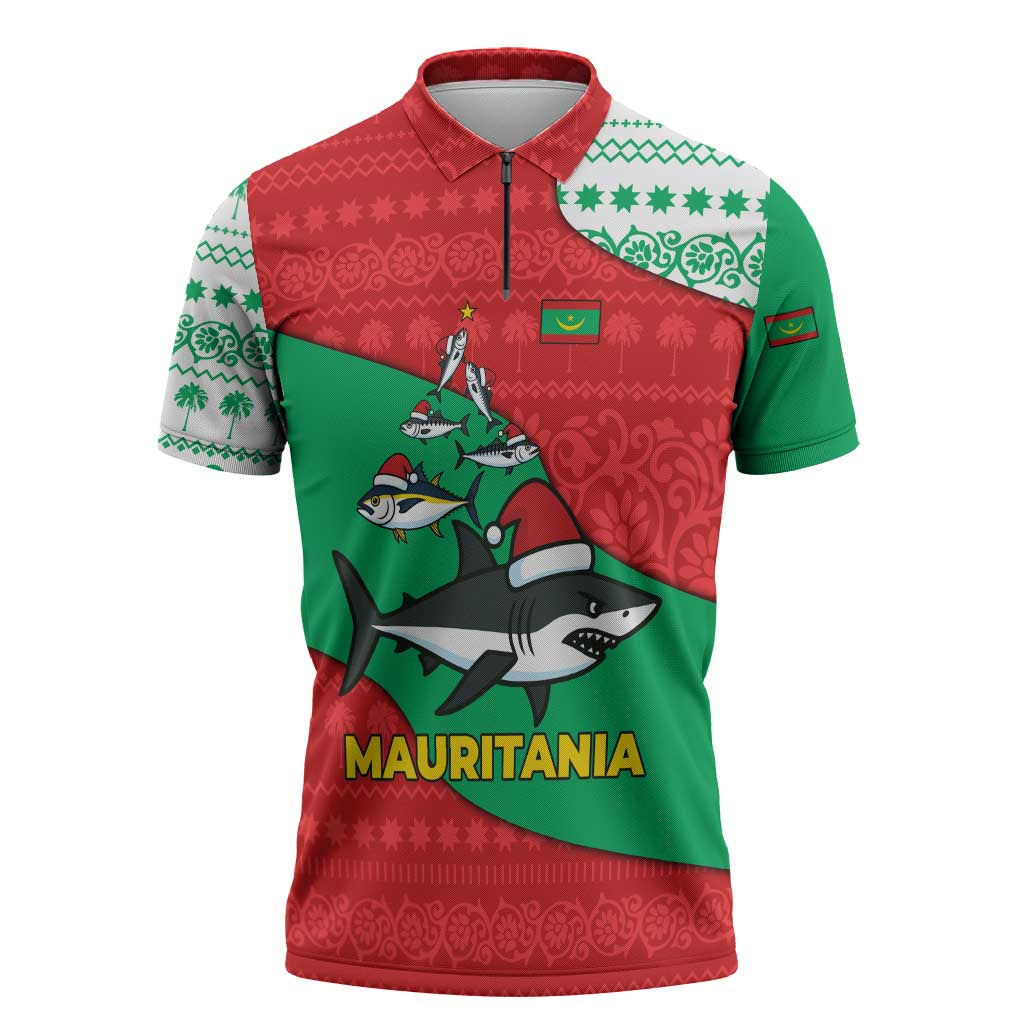 Mauritania Christmas Zipper Polo Shirt with Santa Sharks Festive Fish Pattern and Red Green Holiday Design - Wonder Print Shop