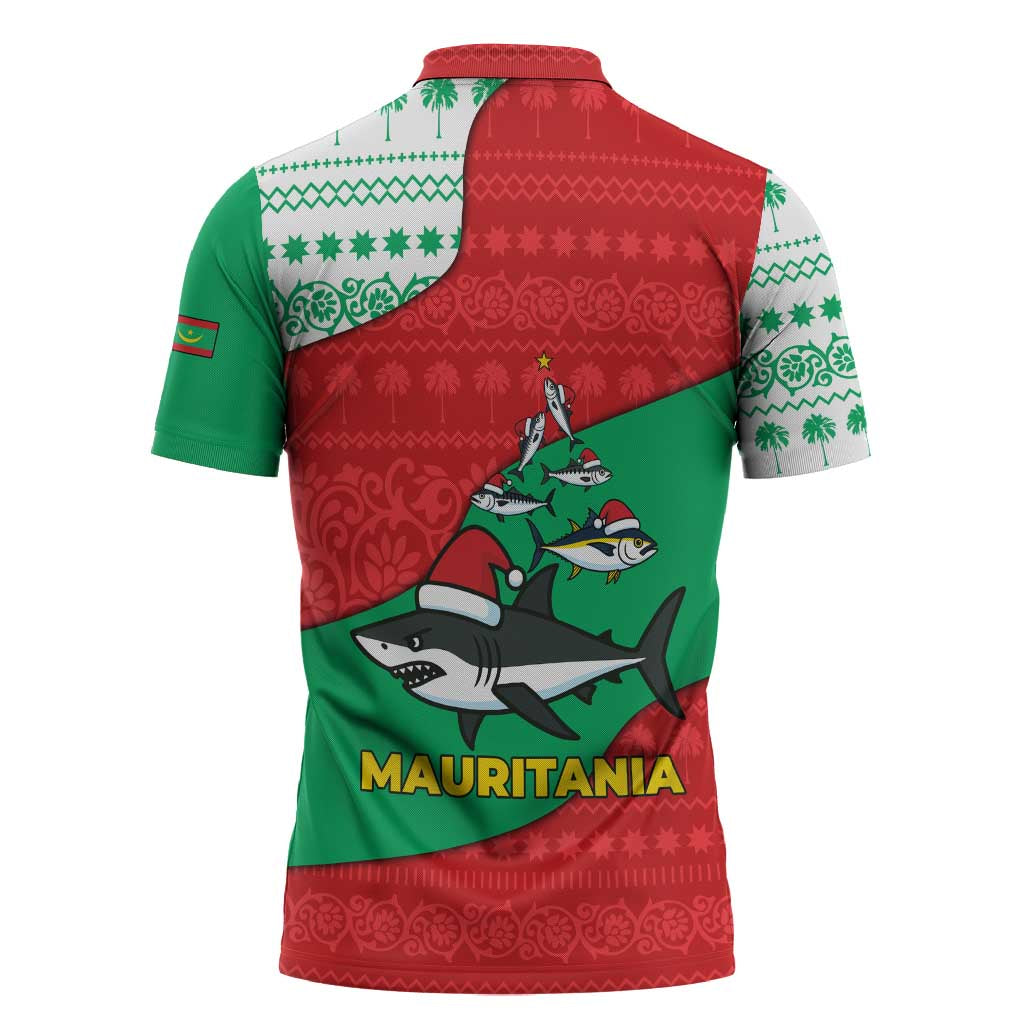 Mauritania Christmas Zipper Polo Shirt with Santa Sharks Festive Fish Pattern and Red Green Holiday Design - Wonder Print Shop
