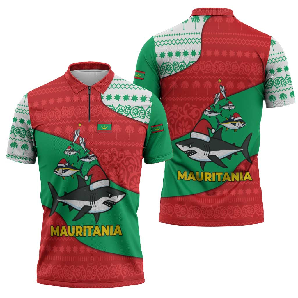 Mauritania Christmas Zipper Polo Shirt with Santa Sharks Festive Fish Pattern and Red Green Holiday Design - Wonder Print Shop