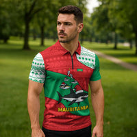 Mauritania Christmas Zipper Polo Shirt with Santa Sharks Festive Fish Pattern and Red Green Holiday Design - Wonder Print Shop