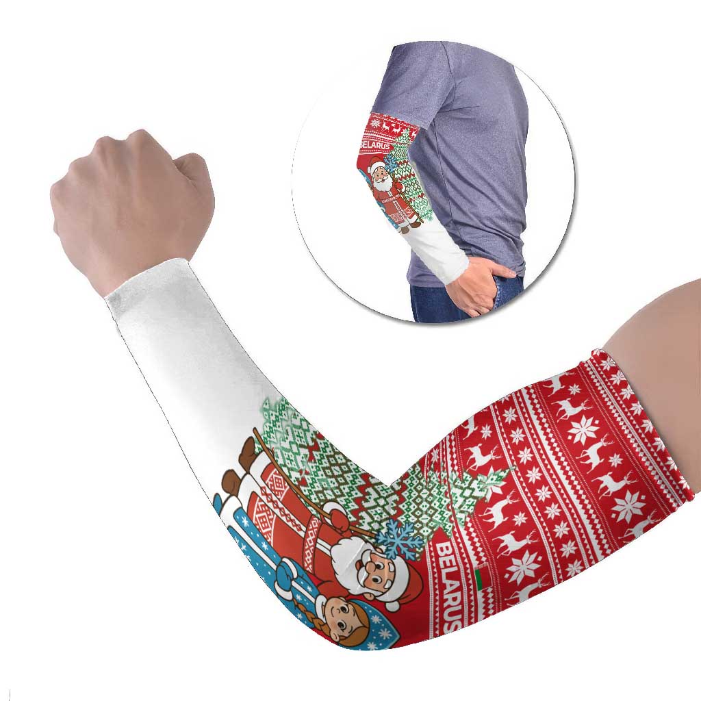 Belarus Christmas Arm Sleeves with Ded Moroz Snow Maiden Christmas Tree and Nordic Pattern Design - Wonder Print Shop