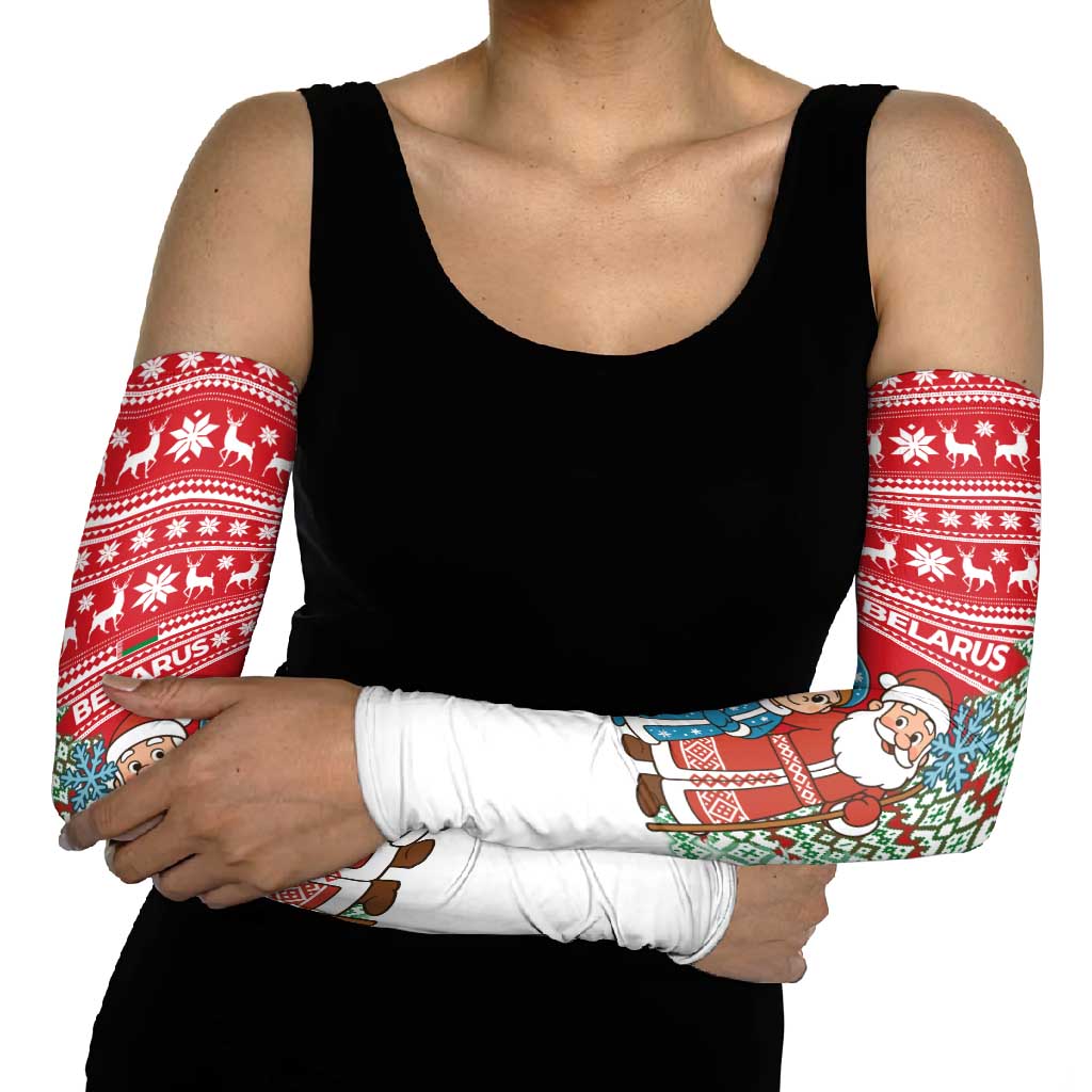 Belarus Christmas Arm Sleeves with Ded Moroz Snow Maiden Christmas Tree and Nordic Pattern Design - Wonder Print Shop