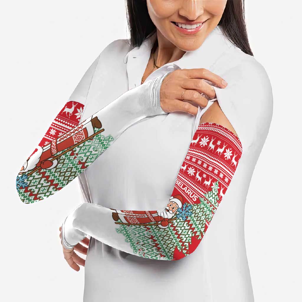 Belarus Christmas Arm Sleeves with Ded Moroz Snow Maiden Christmas Tree and Nordic Pattern Design - Wonder Print Shop