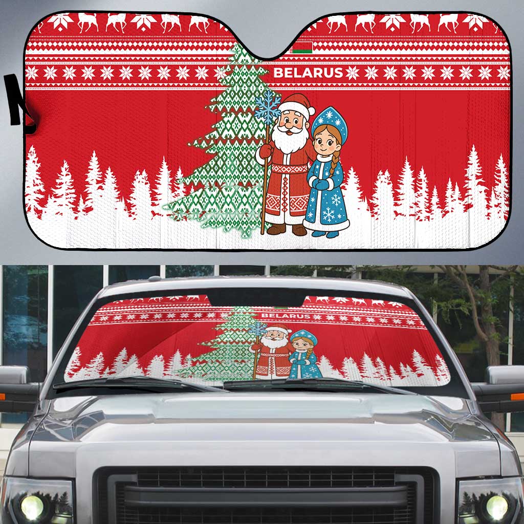 Belarus Christmas Auto Sun Shade with Ded Moroz Snow Maiden Christmas Tree and Nordic Pattern Design - Wonder Print Shop