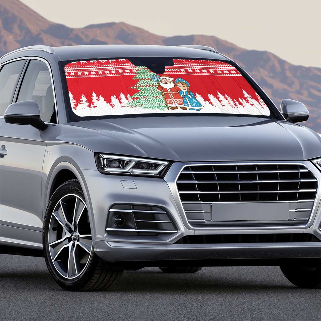Belarus Christmas Auto Sun Shade with Ded Moroz Snow Maiden Christmas Tree and Nordic Pattern Design - Wonder Print Shop