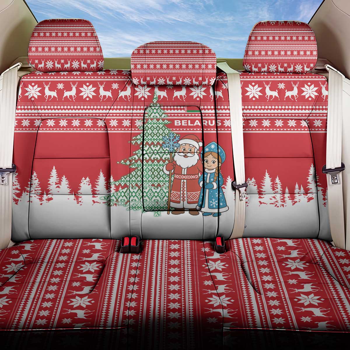 Belarus Christmas Back Car Seat Cover with Ded Moroz Snow Maiden Christmas Tree and Nordic Pattern Design - Wonder Print Shop