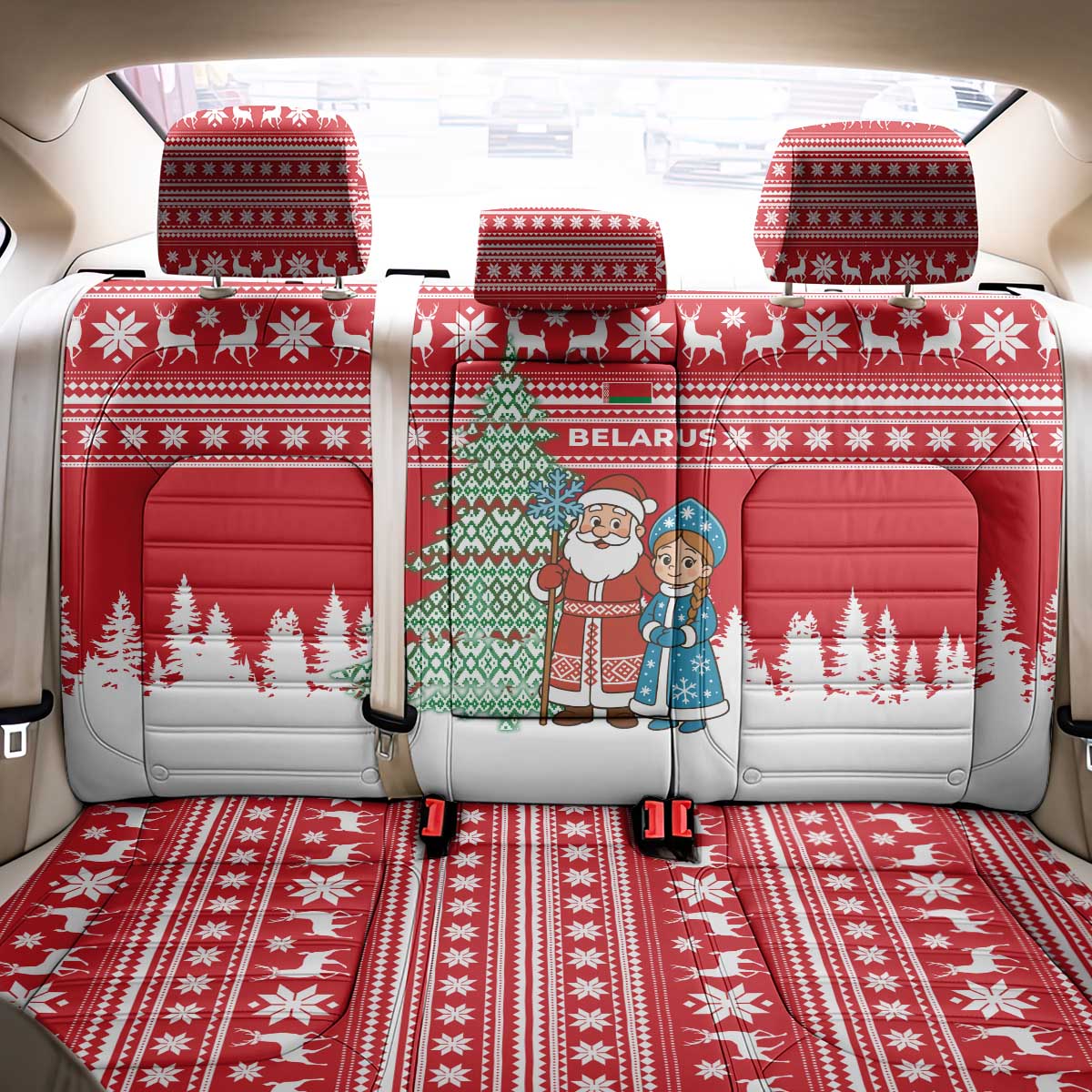 Belarus Christmas Back Car Seat Cover with Ded Moroz Snow Maiden Christmas Tree and Nordic Pattern Design - Wonder Print Shop