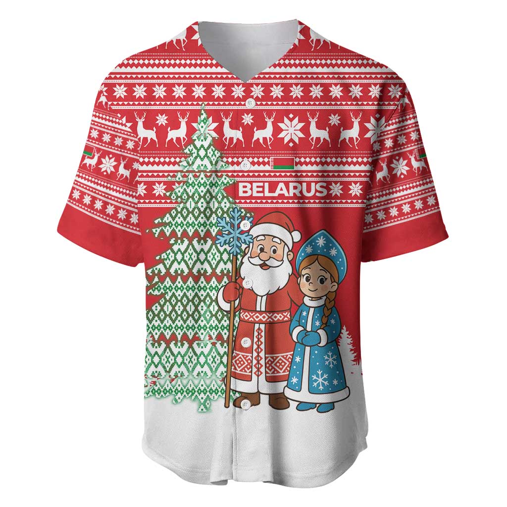 Belarus Christmas Baseball Jersey with Ded Moroz Snow Maiden Christmas Tree and Nordic Pattern Design - Wonder Print Shop