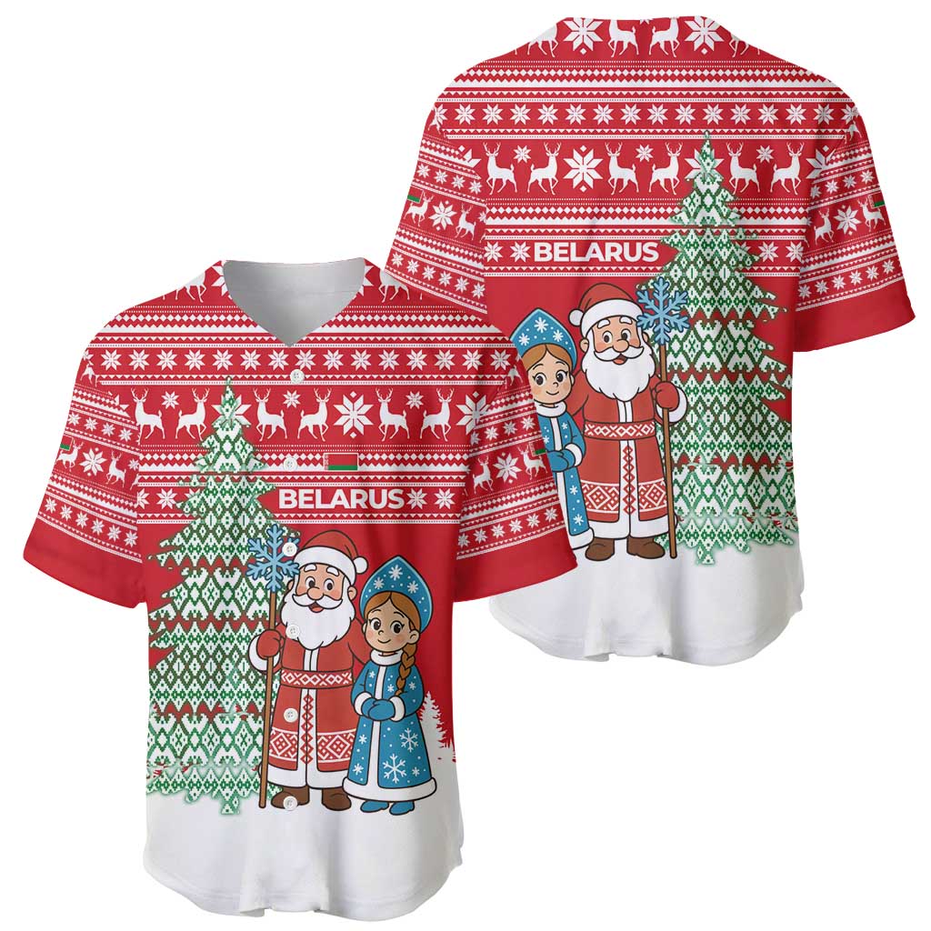 Belarus Christmas Baseball Jersey with Ded Moroz Snow Maiden Christmas Tree and Nordic Pattern Design - Wonder Print Shop