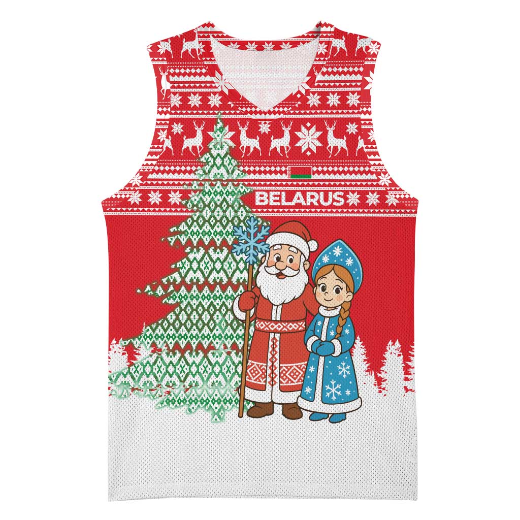 Belarus Christmas Basketball Jersey with Ded Moroz Snow Maiden Christmas Tree and Nordic Pattern Design - Wonder Print Shop