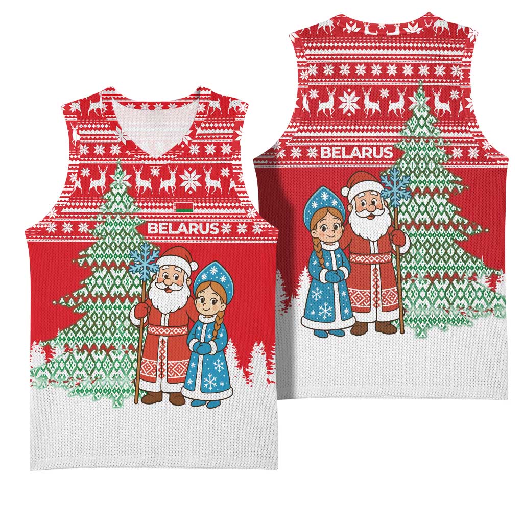 Belarus Christmas Basketball Jersey with Ded Moroz Snow Maiden Christmas Tree and Nordic Pattern Design - Wonder Print Shop