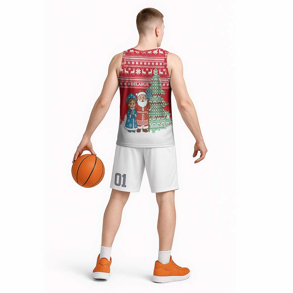 Belarus Christmas Basketball Jersey with Ded Moroz Snow Maiden Christmas Tree and Nordic Pattern Design - Wonder Print Shop