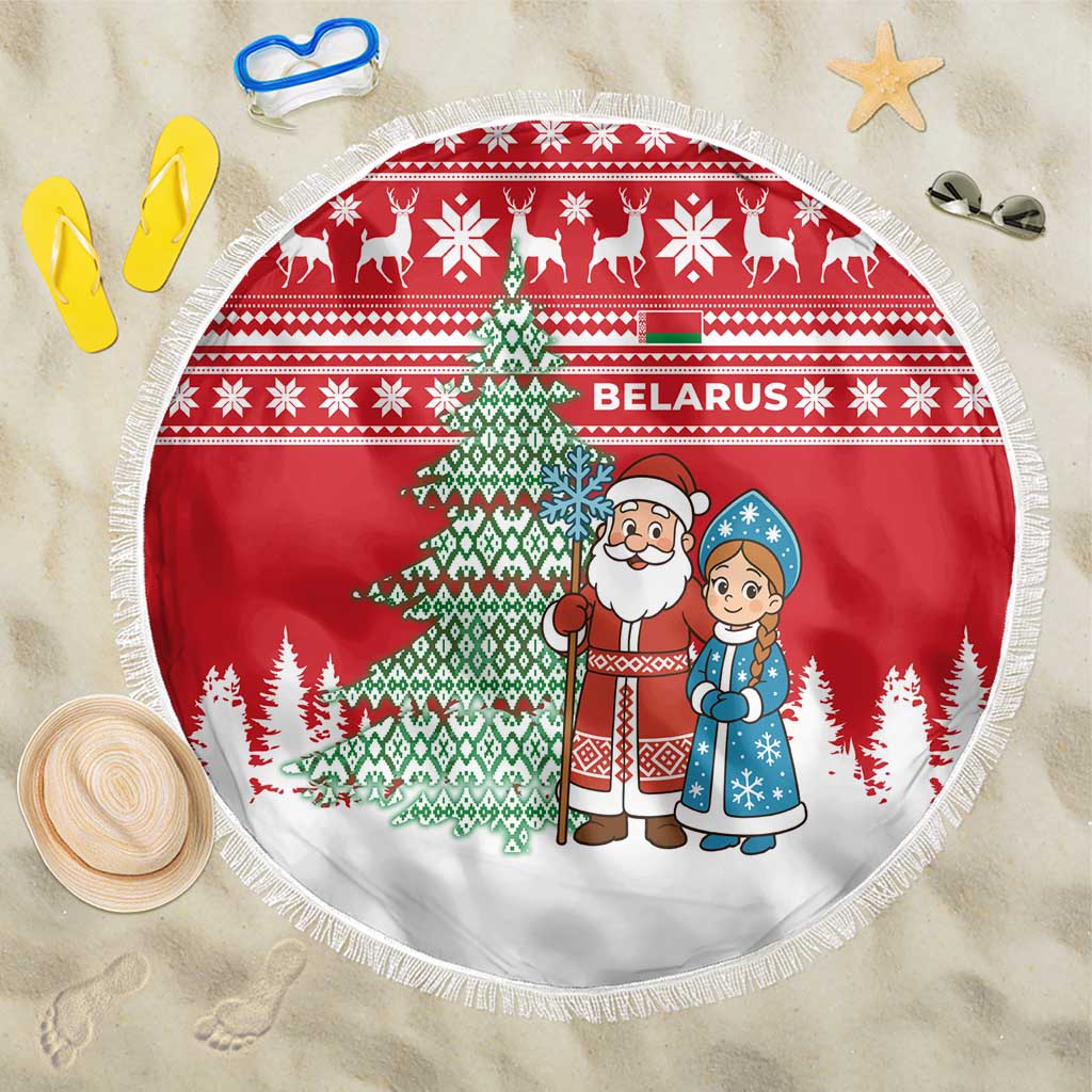 Belarus Christmas Beach Blanket with Ded Moroz Snow Maiden Christmas Tree and Nordic Pattern Design - Wonder Print Shop