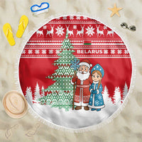 Belarus Christmas Beach Blanket with Ded Moroz Snow Maiden Christmas Tree and Nordic Pattern Design - Wonder Print Shop