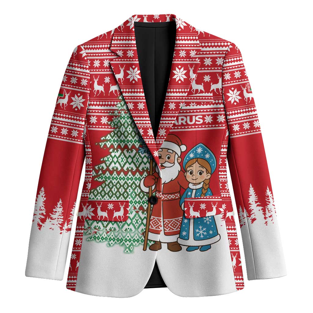 Belarus Christmas Blazer with Ded Moroz Snow Maiden Christmas Tree and Nordic Pattern Design - Wonder Print Shop
