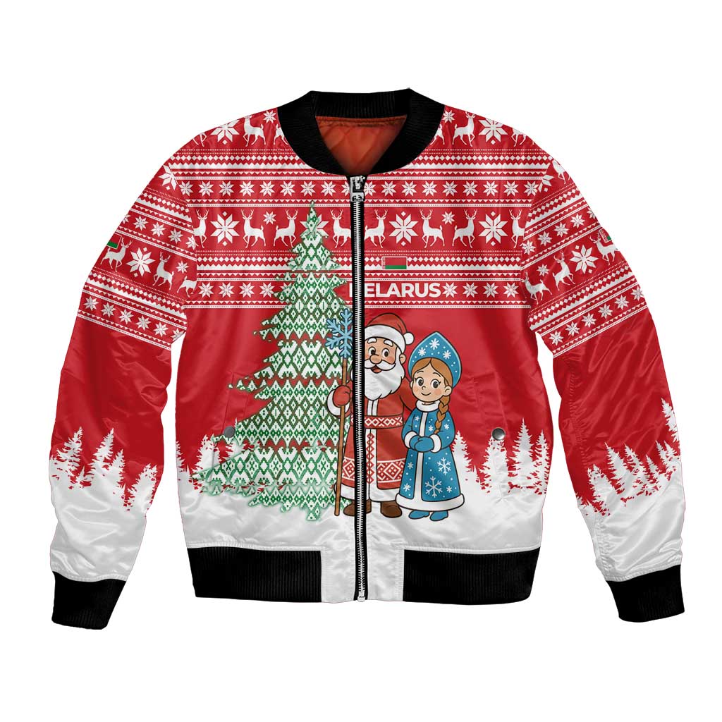 Belarus Christmas Bomber Jacket with Ded Moroz Snow Maiden Christmas Tree and Nordic Pattern Design - Wonder Print Shop