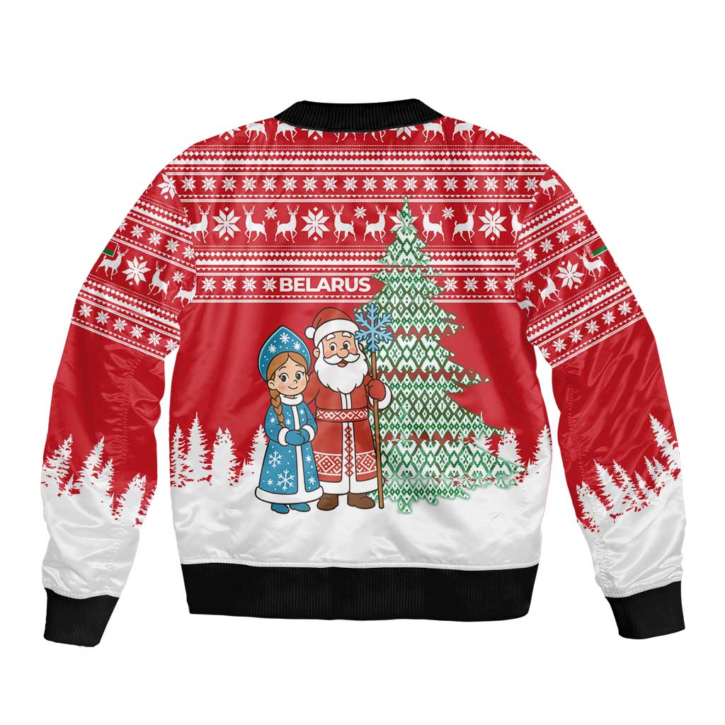 Belarus Christmas Bomber Jacket with Ded Moroz Snow Maiden Christmas Tree and Nordic Pattern Design - Wonder Print Shop