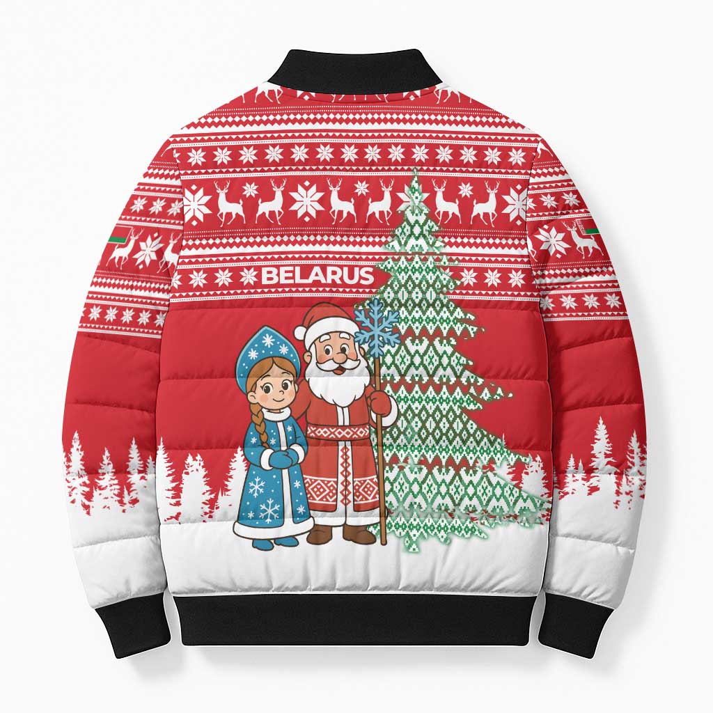 Belarus Christmas Bomber Puffer Jacket with Ded Moroz Snow Maiden Christmas Tree and Nordic Pattern Design - Wonder Print Shop