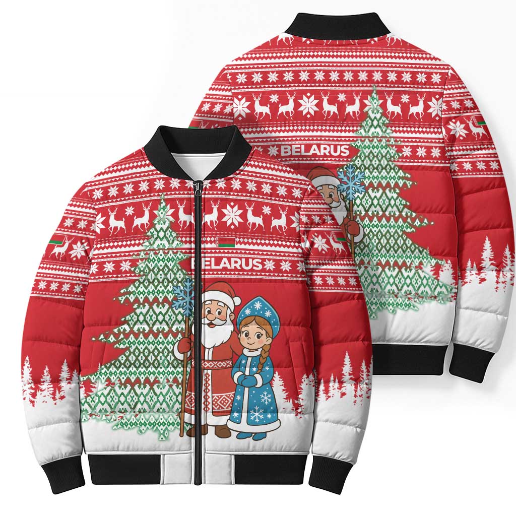 Belarus Christmas Bomber Puffer Jacket with Ded Moroz Snow Maiden Christmas Tree and Nordic Pattern Design - Wonder Print Shop