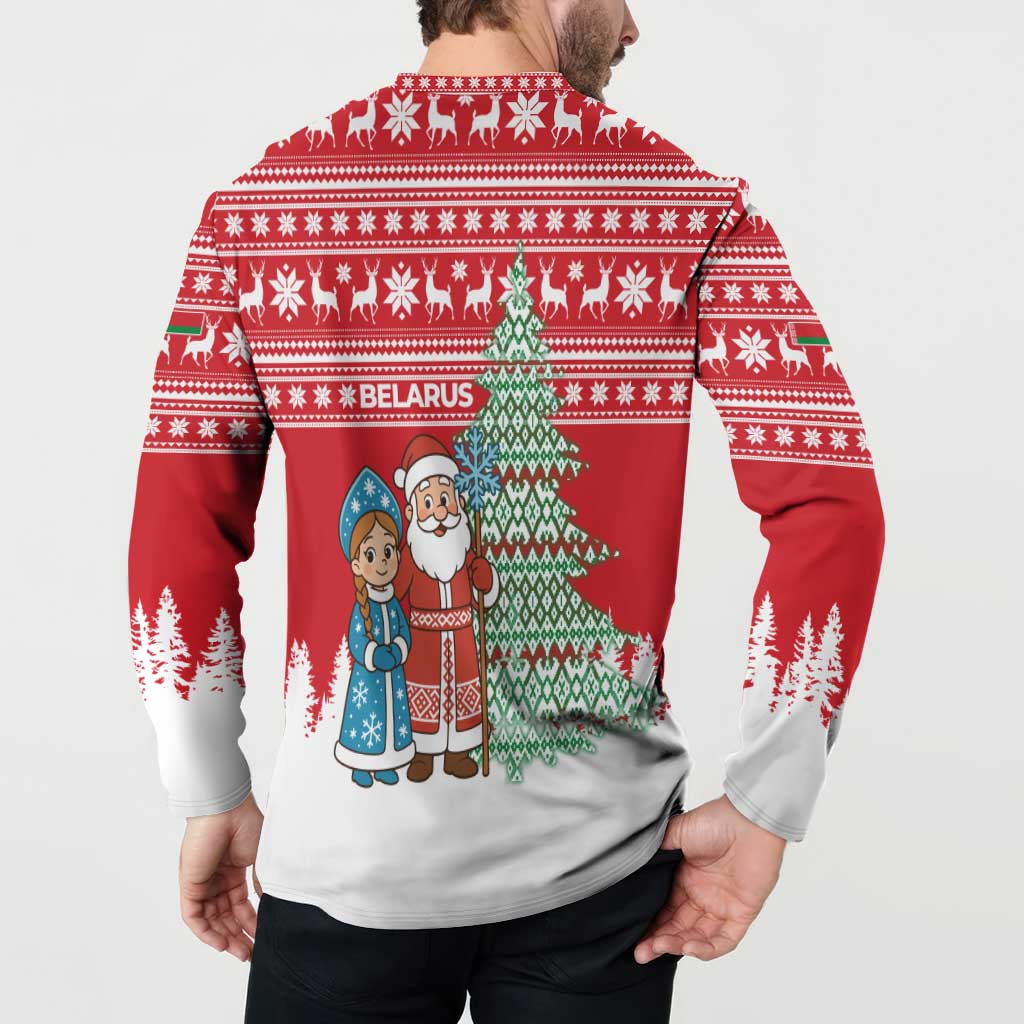 Belarus Christmas Button Sweatshirt with Ded Moroz Snow Maiden Christmas Tree and Nordic Pattern Design - Wonder Print Shop
